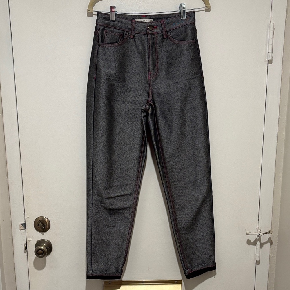Topshop Silver Metallic Jeans with Pink Stitching